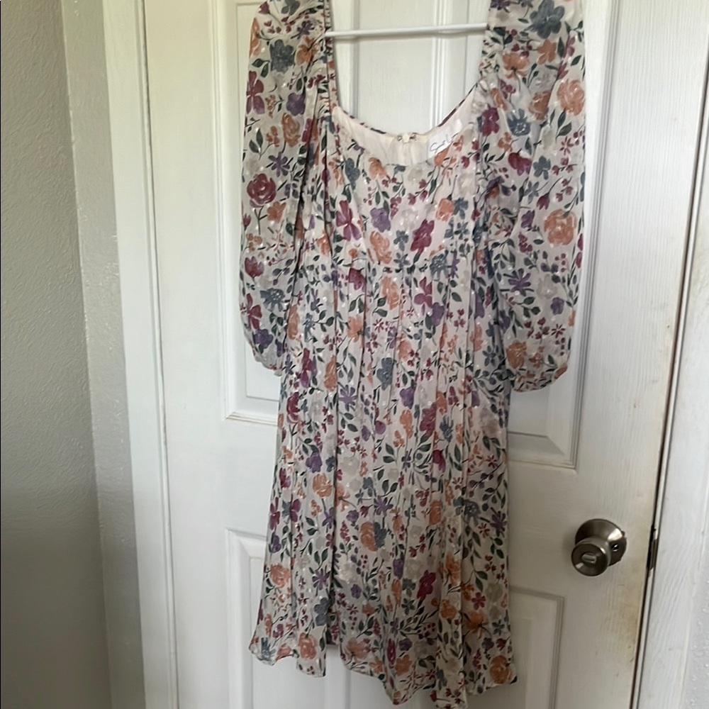 Muted Floral Long Sleeve Puff Sundress for Wedding Guest